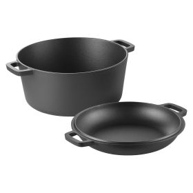 Cast Iron Dutch Oven, 2-in-1 Pre-Seasoned Pot with Skillet Lid, 5QT Cookware Pan with Proofing Basket, Bread Baking Accessories